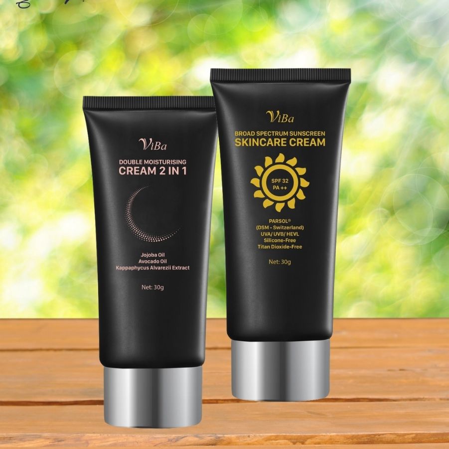 Kem dưỡng ẩm kép chuyên sâu ViBa + Kem chống nắng ViBa SPF 32, PA ++ cho da mụn, nhạy cảm giảm khô bết dầu, bật tone tăng cường độ ẩm cho da, đồng thời chăm sóc da như chống lão hóa, phục hồi da, trắng da