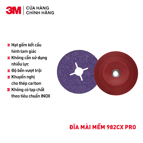 Combo 3 Đĩa mài mềm 982CX Pro qui cách đường kính 4in (có rãnh) độ hạt P36, Hạt kết cấu hình tam giác, Không tạp chất theo tiêu chuẩn Inox, Khuyến nghị cho thép cacbon,