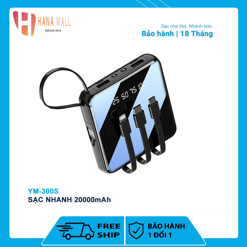 Sạc Dự Phòng YM-300S 20000mAh Sạc Nhanh 10W Tích Hợp Cổng Sạc USB, Type C, Lightning, Micro USB