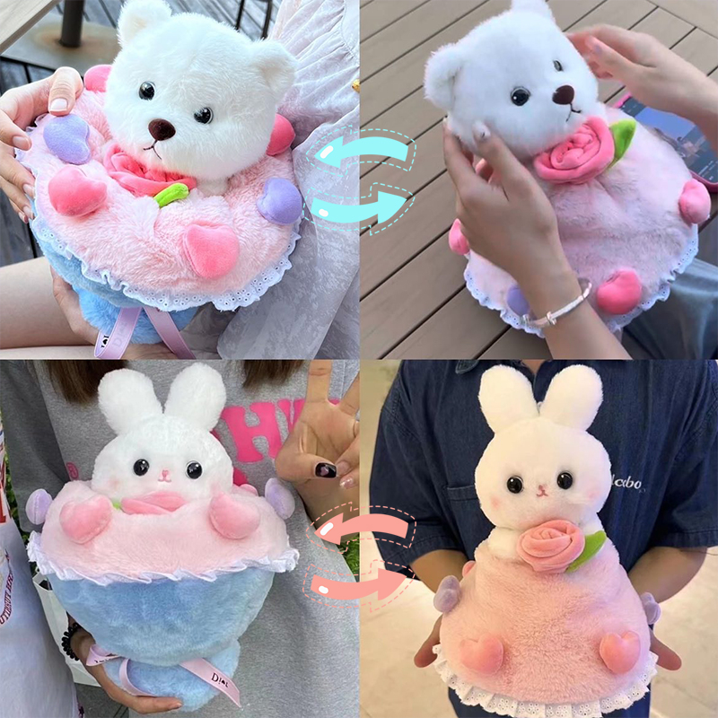 Gấu bông bó hoa thỏ 2in1, thỏ mặt váy, bó hoa lena, bó hoa gấu dâu dễ thương có hai trạng thái