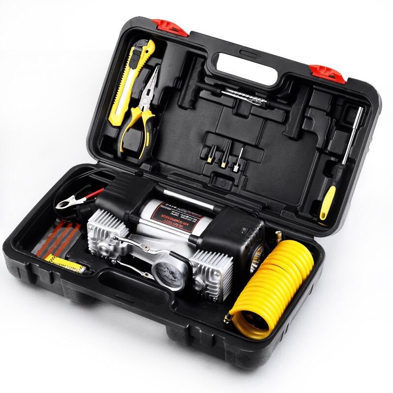 Bơm lốp ô tô 2 xi lanh Air Compressor CÓ ĐÈN, kèm hộp đựng và bộ dụng cụ, bộ vá dùi, tua vít, kìm, keo, vòi nối dài, 3 đầu van phụ, bảo hành 12 tháng