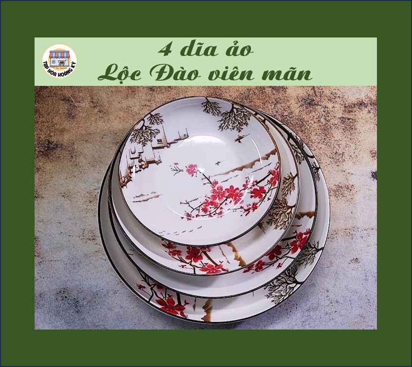 Dĩa tròn gốm sứ họa tiết lộc đào viên mãn – đủ size