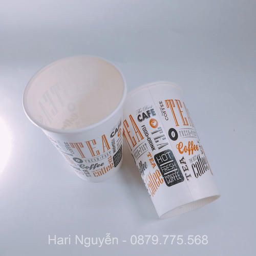 50 Ly cốc giấy cafe trà sữa có nắp in hình Tea CF dùng 1 lần 450ml