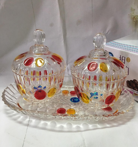 Set 2 hộp thủy tinh kèm khay thủy tinh đựng bánh kẹo, hạt dưa, mứt Tết kiểu dáng sang trọng