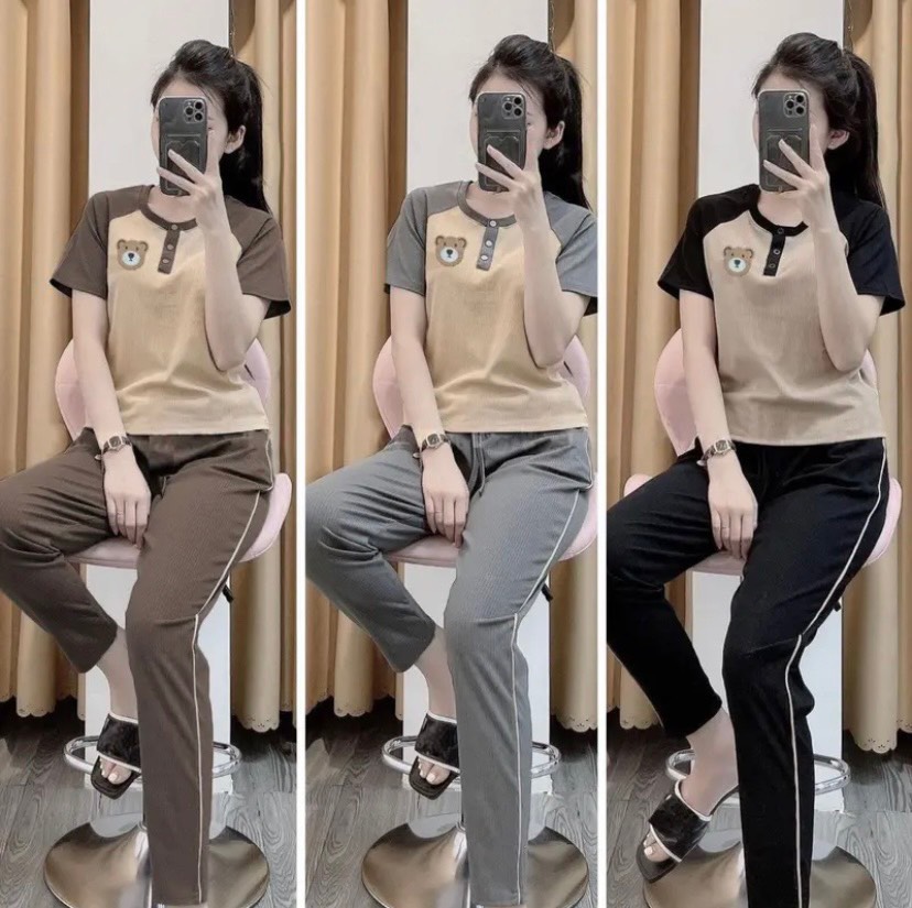 SET BỘ THUN GÂN TĂM ÁO CỔ TRÒN KÈM QUẦN DÀI ỐNG ÔM MẶC NHÀ