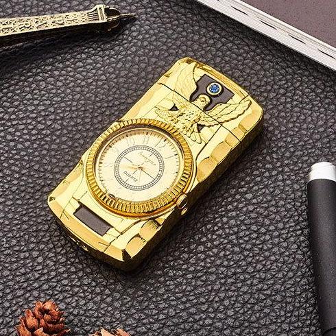 Bật Lửa Gas Tích Hợp Đồng Hồ Led Khắc Chim Ưng (màu vàng)