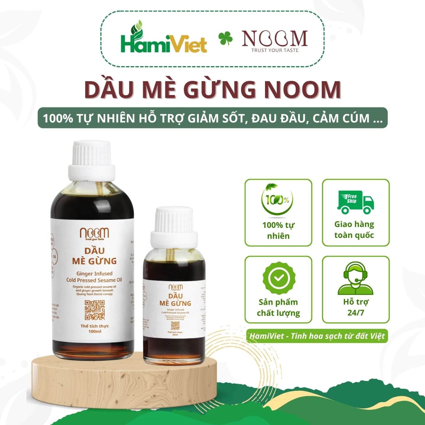 Dầu mè gừng ép lạnh Noom nguyên chất 100% từ dầu mè đen và gừng hữu cơ hỗ trợ giảm sốt, đau đầu