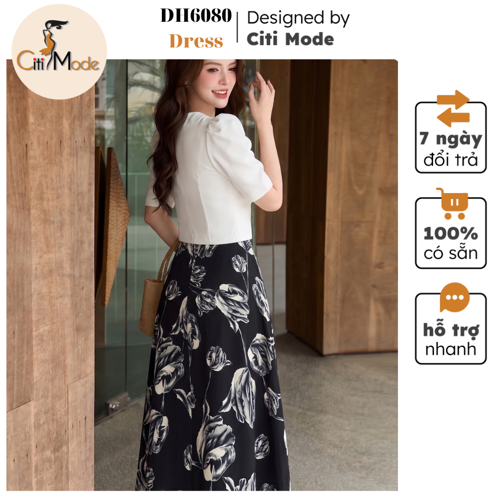 Citi Mode Fashion Office Dress Designed with Black Floral Flared Dress and Cream White Combination, Bow at the Wrist Dh6080