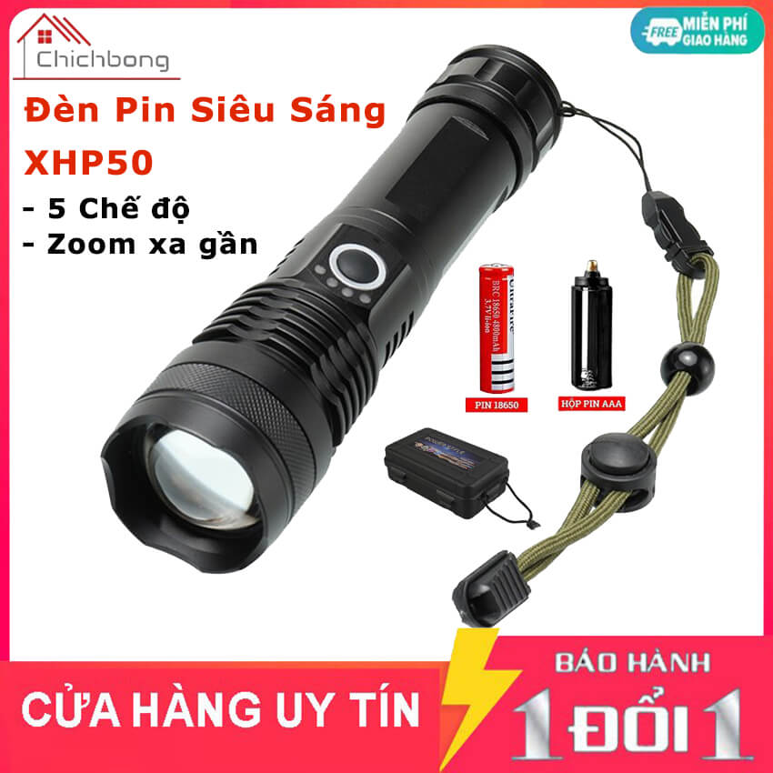 Đèn pin siêu sáng XHP50 chiếu xa 500m có Zoom xa gần, chống thấm nước, pin trâu 6800mAh 5 chế độ sáng, Đèn pin cầm tay XML T6, Đèn pin mini cầm tay siêu sáng, đèn pin cầm tay, đèn pin dã ngoại