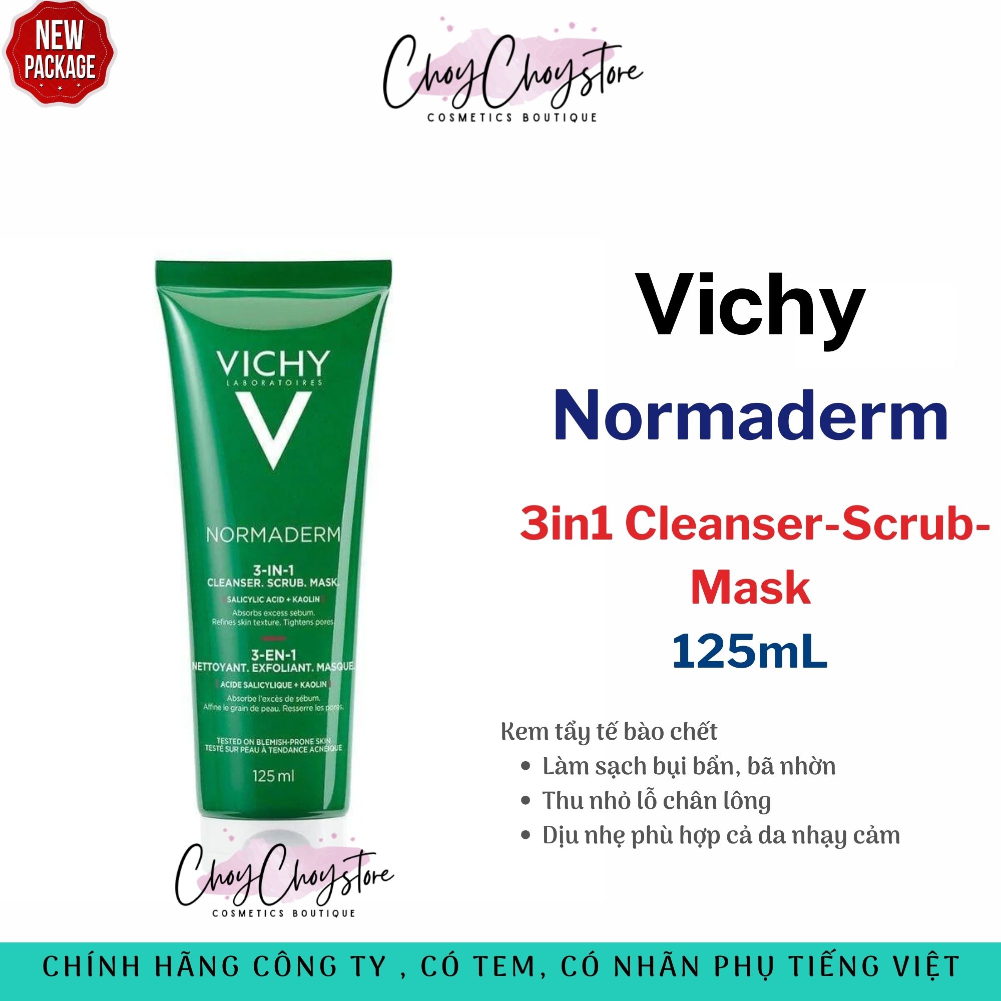Kem & Mặt Nạ Làm Sạch Tế Bào Chết Vichy Normaderm 3In1 Scrub + Cleanser + Mask 125mL