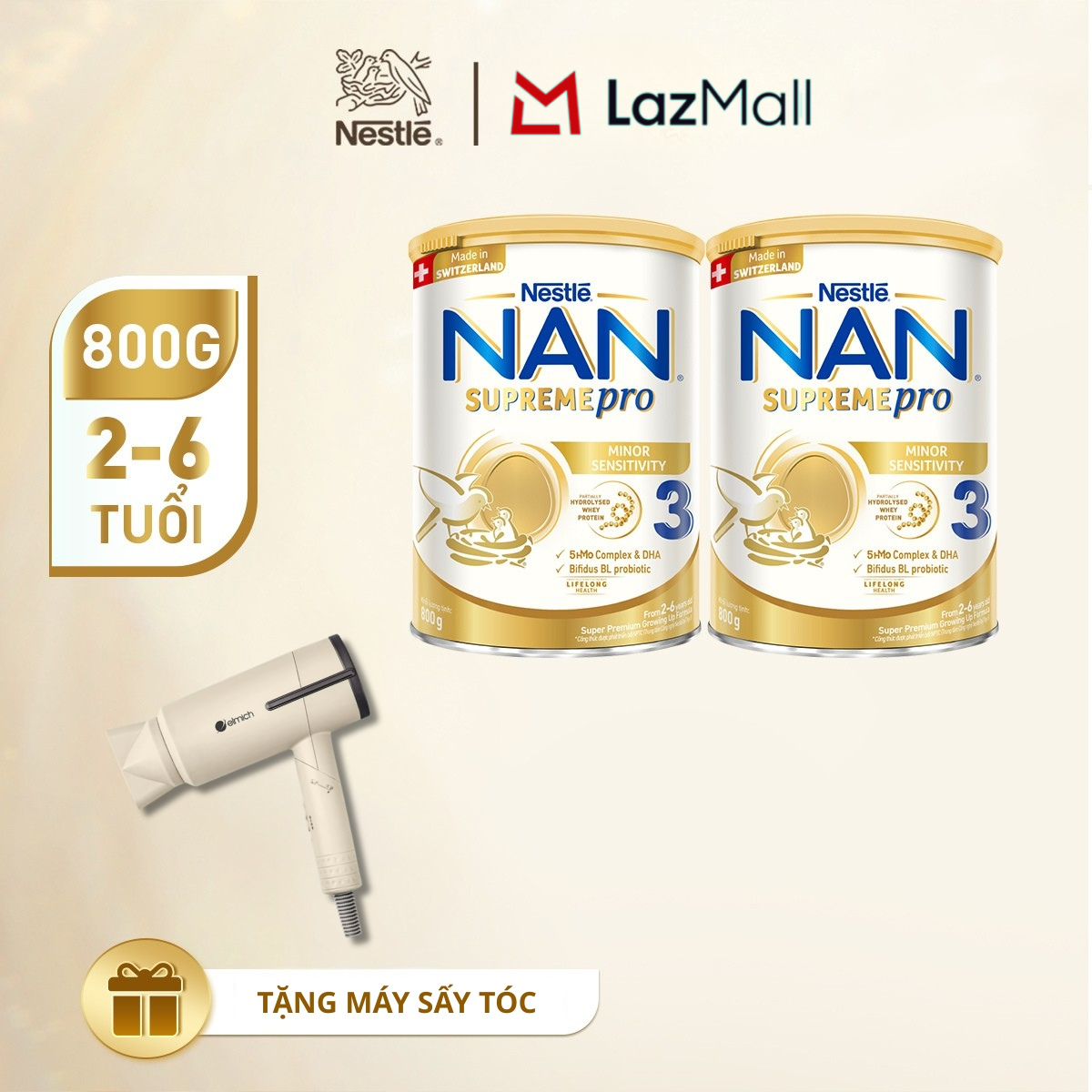 [Tặng máy sấy tóc (giao ngẫu nhiên)] Combo 2 lon Sữa Bột Nestlé NAN SUPREMEPRO 3 800g Nhập Khẩu Đức Cho Bé 2 - 6 Tuổi Chứa Đạm Whey Thủy Phân 1 Phần, 5-HMOs    Lợi khuẩn BIFIDUS BL