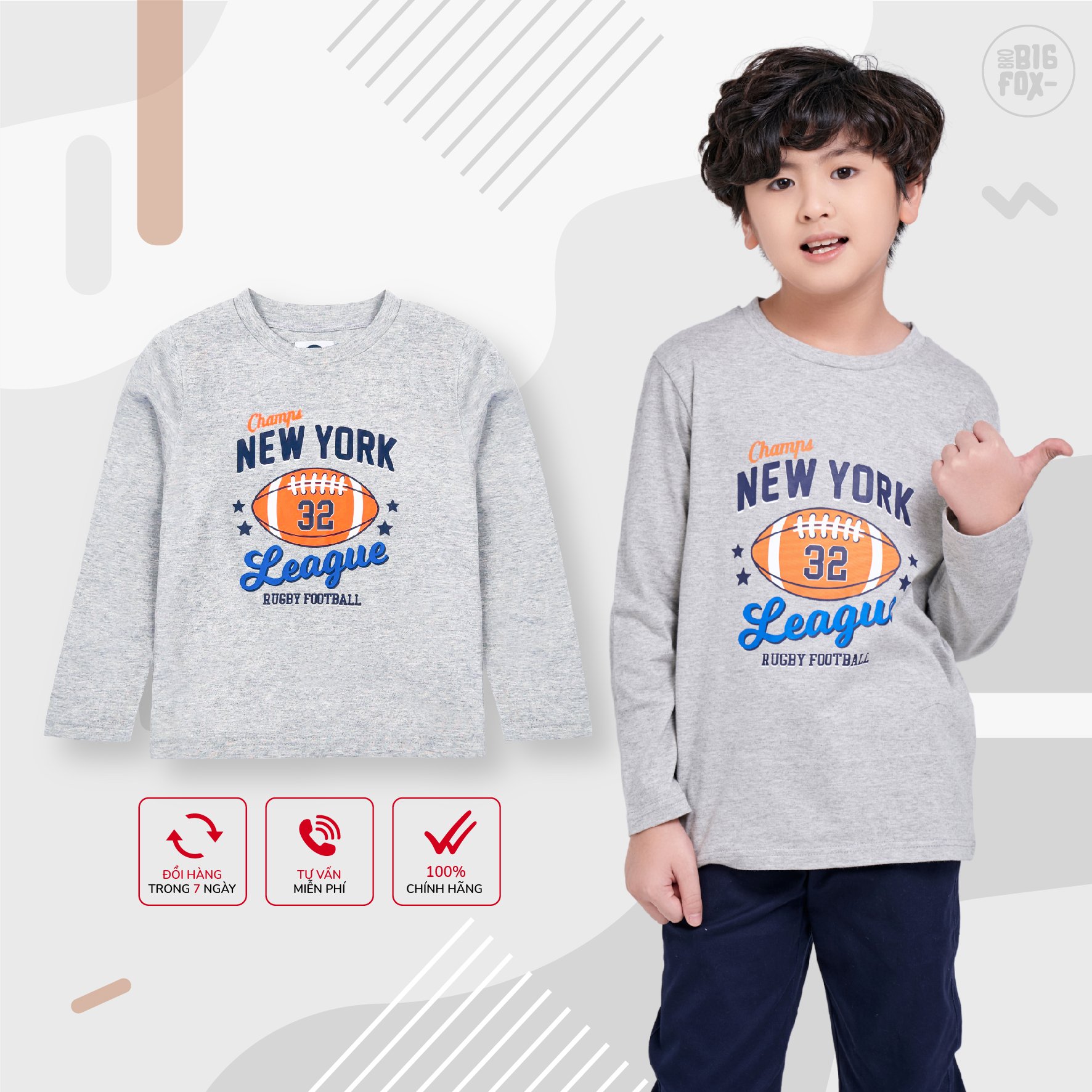 Áo bé trai BIGFOX - MISS MEOW thu đông, áo thun dài tay cho bé size đại hình in bóng NEWYORK 11 - 38 kg