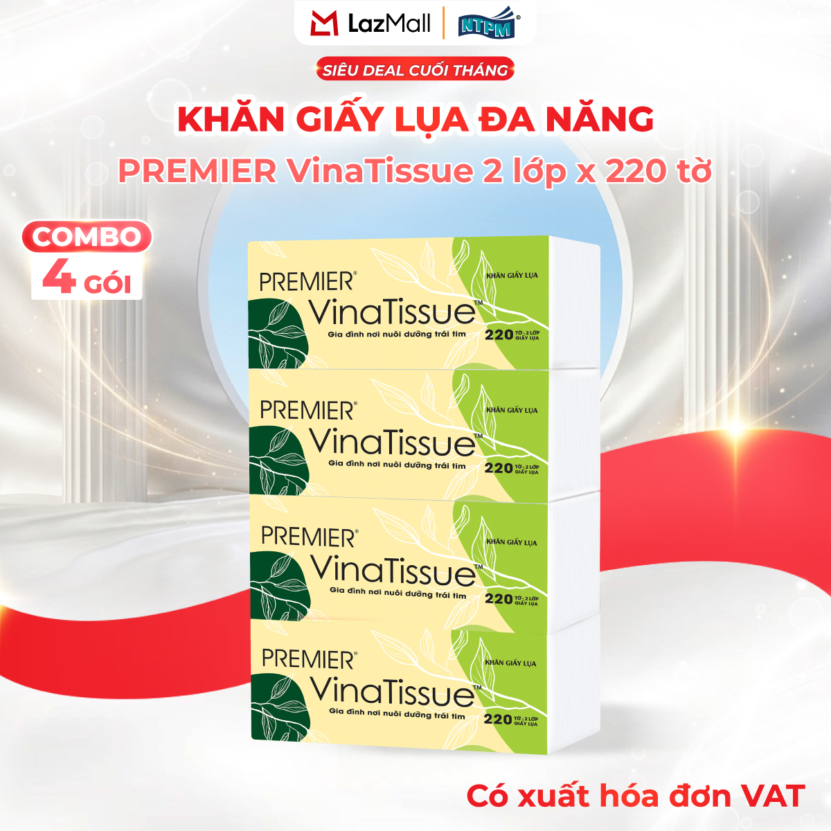 [COMBO 4 GÓI] Khăn giấy lụa đa năng PREMIER, 2 lớp – 100% bột giấy nguyên sinh, không chất tẩy, 220 tờ/gói – Chính hãng