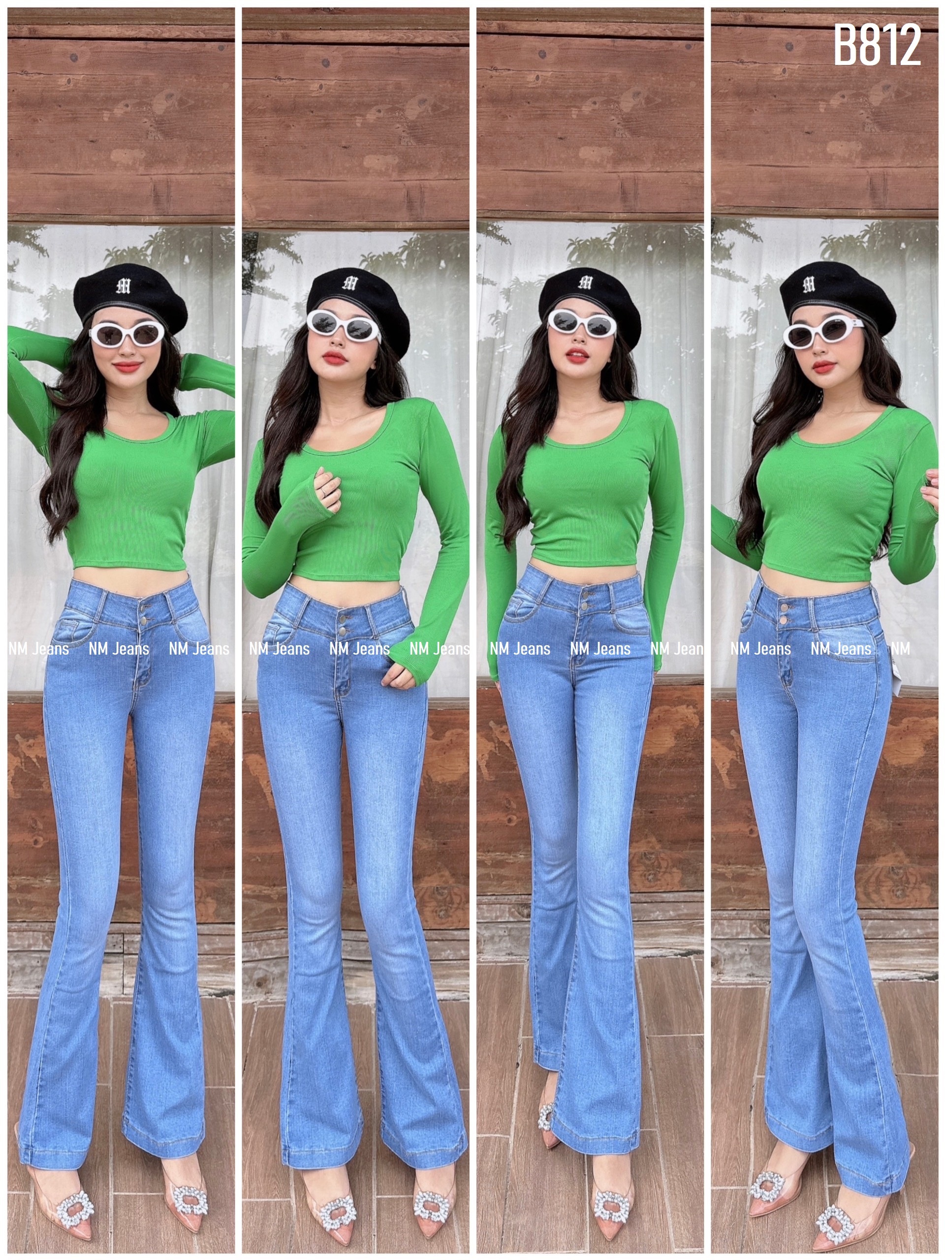 Quần jean nữ ống loe trơn cơ bản màu xanh sữa chất co giãn size từ 26-35 B812