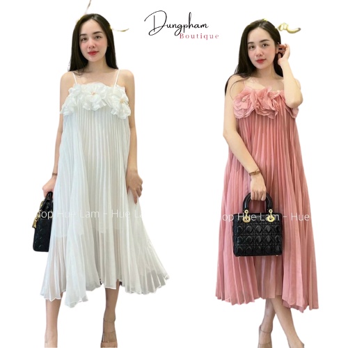 Váy xuông dập ly 2 lớp hoa ngực - Anna-Store