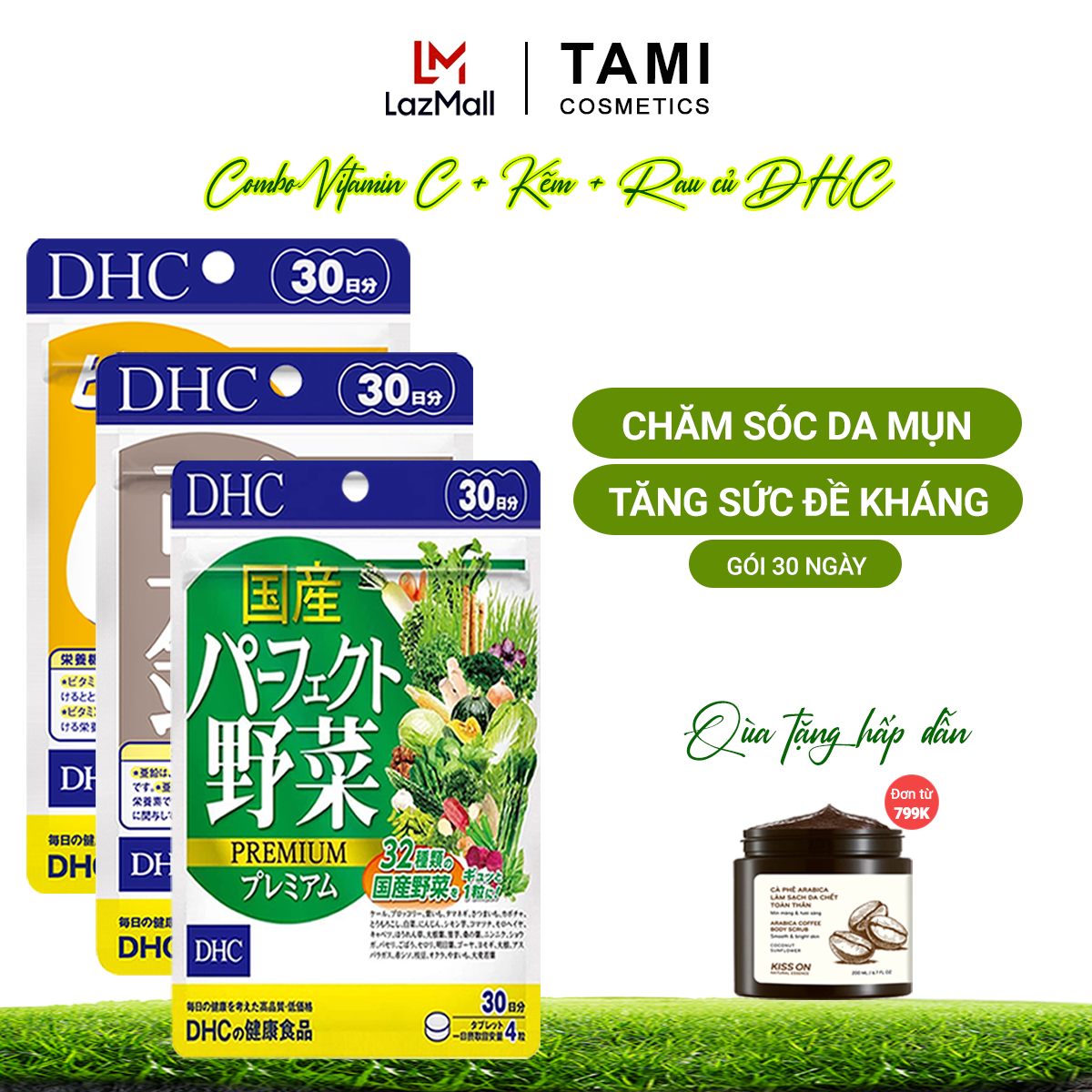 Bộ 3 Chăm sóc da mụn DHC Nhật Bản gồm Viên kẽm zinc + Viên vitamin C + viên rau củ thực phẩm chức năng tăng cường đề kháng làm đẹp da gói 30 ngày TA-DHC-CB15