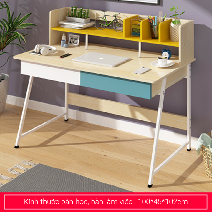 Bàn làm việc có kệ sách mặt gỗ chân sắt chắc chắn - Bàn máy tính gaming có ngăn kéo để đồ - Bàn học cho bé kèm giá sách