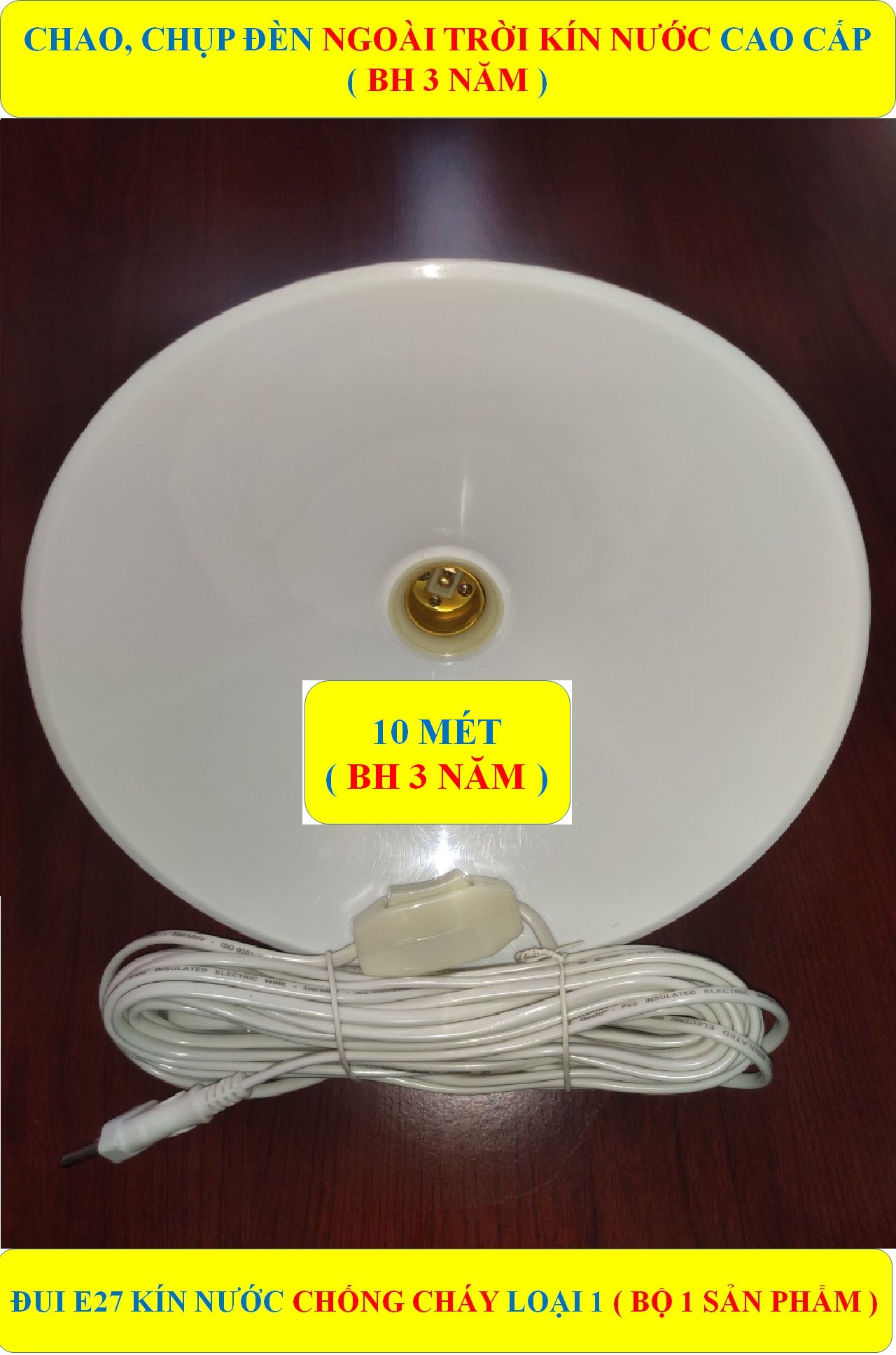 Bộ chao đèn, chóa đèn ngoài trời KÍN NƯỚC hình đĩa 25cm (BH 3 NĂM) cao cấp + Dây dài 10 mét (bộ 1 sản phẩm)