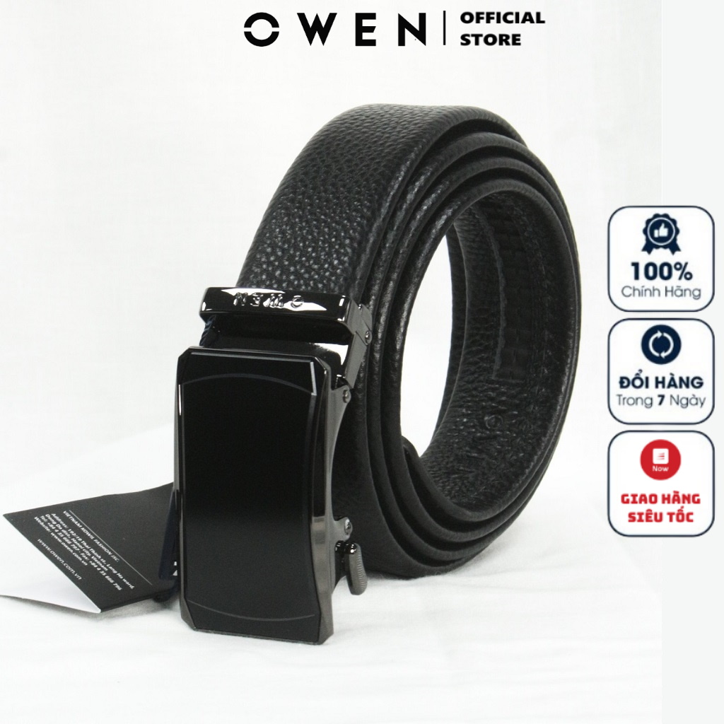 Thắt lưng nam owen belt220595 dây da màu đen mặt khóa trượt tự động chất liệu da bò thật