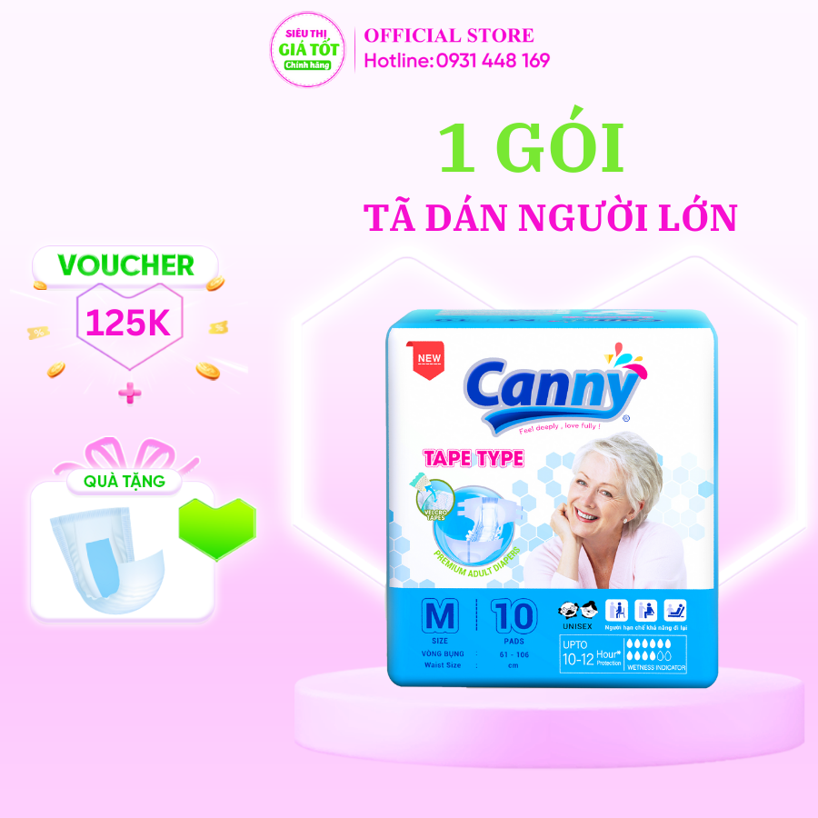 Tã Dán Người Già Canny Siêu Thấm, Bỉm Dán Người Già Chất Lượng Size M10 miếng Siêu thị giá tốt