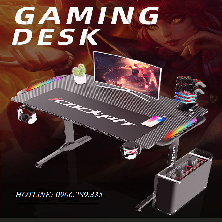 Bàn Gaming cao cấp 🆓Có đèn led RGB 🆓 Bàn chơi game, bàn làm việc sợi carbon cao cấp, tặng kèm pad chuột khổ lớn.