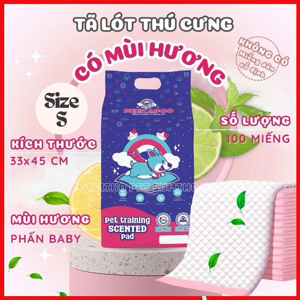 Tã lót cho chó Peekapoo size S 33x45cm (bịch 100 miếng) hương phấn hỗ trợ cún cưng đi vệ sinh đúng chỗ