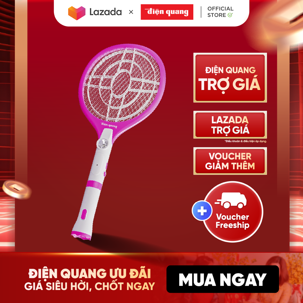 Bộ vợt muỗi Điện Quang ĐQ EMR05L WPI bao gồm đèn chiếu, có tác dụng vừa thu hút muỗi vừa để chiếu sáng trong đêm tối (Trắng - hồng)