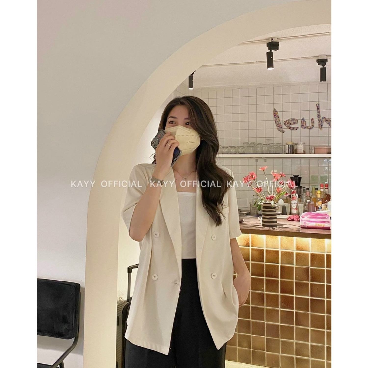Áo blazer ngắn tay dáng dài - áo blazer 4 cúc túi ngực trẻ trυng - Blazer 1 lớp