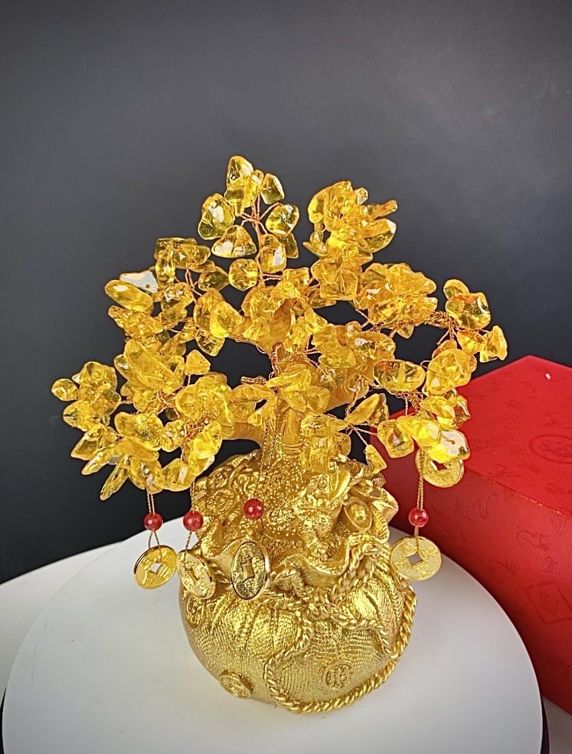 Cây tài lộc thạch anh vàng, cây may mắn, phát tài phát lộc cao 20-23cm để bàn làm việc, trang trí ban thờ TẶNG 5 dây đồng xu treo cây