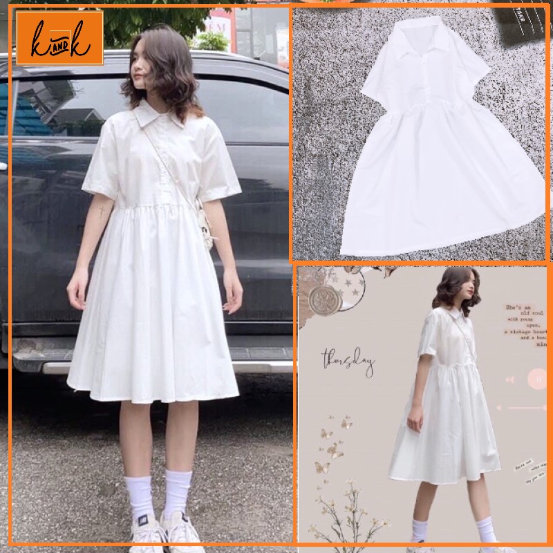 Váy babydoll trắng tay lỡ cổ sơ mi form thụng Chất voan mềm, mỏng nhẹ