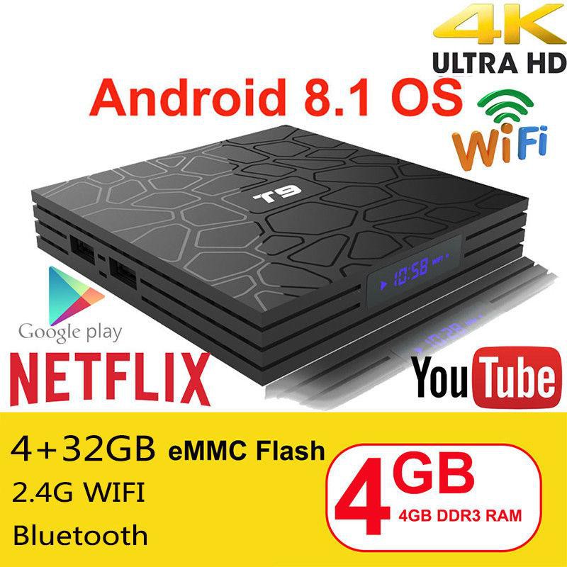 TV Box T9 4GB Ram 32GB Rom Quad Core Android 8.1 Bluetooth 4.0 H2.65 4K Smart TV 2.4G Wifi