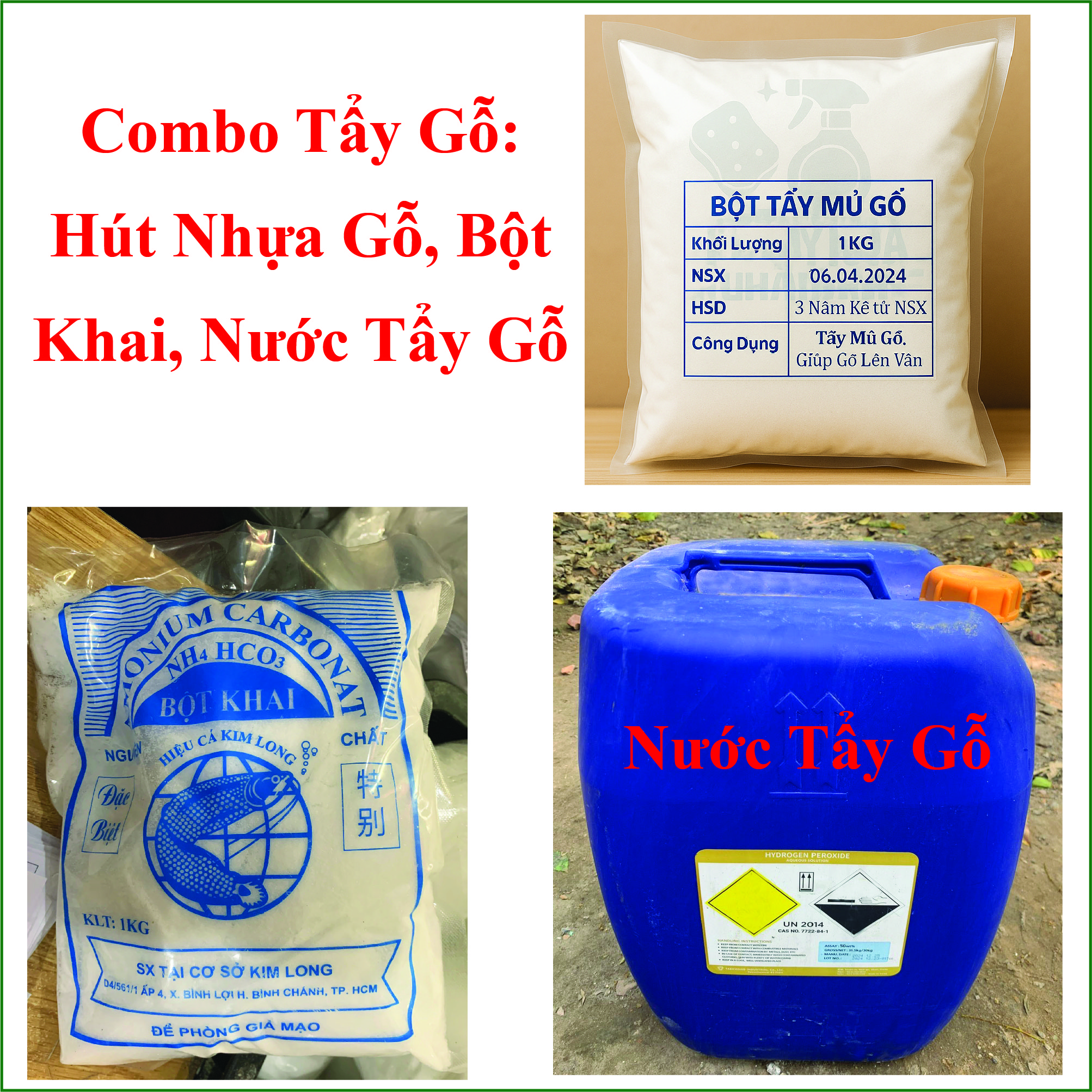 Combo bột tẩy gỗ, Nước tẩy gỗ, bột hút mủ gỗ, tẩy trắng gỗ, tẩy lũa
