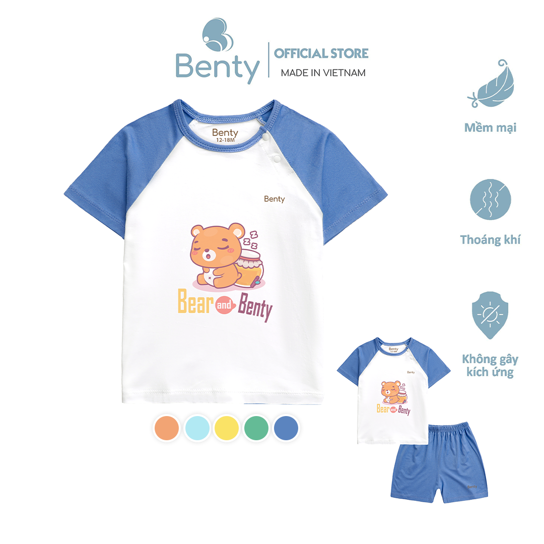  Bộ cộc tay cài chéo BENTY BT010 in hình Bear chất mềm mịn quần áo bé trai bé gái cao cấp 