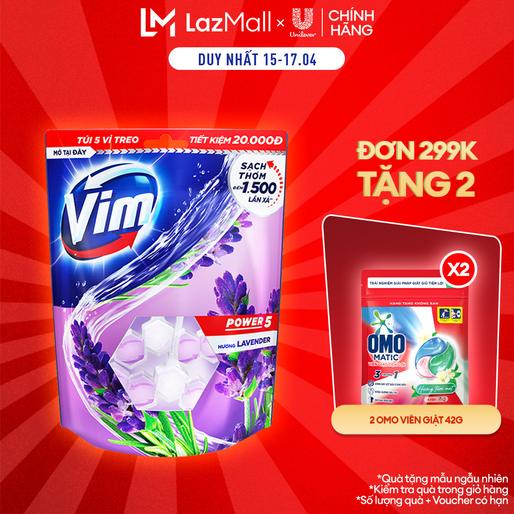 (Livestream) - Túi bộ viên tẩy bồn cầu Vim Power 5 Hương Lavender (5 viên/túi)