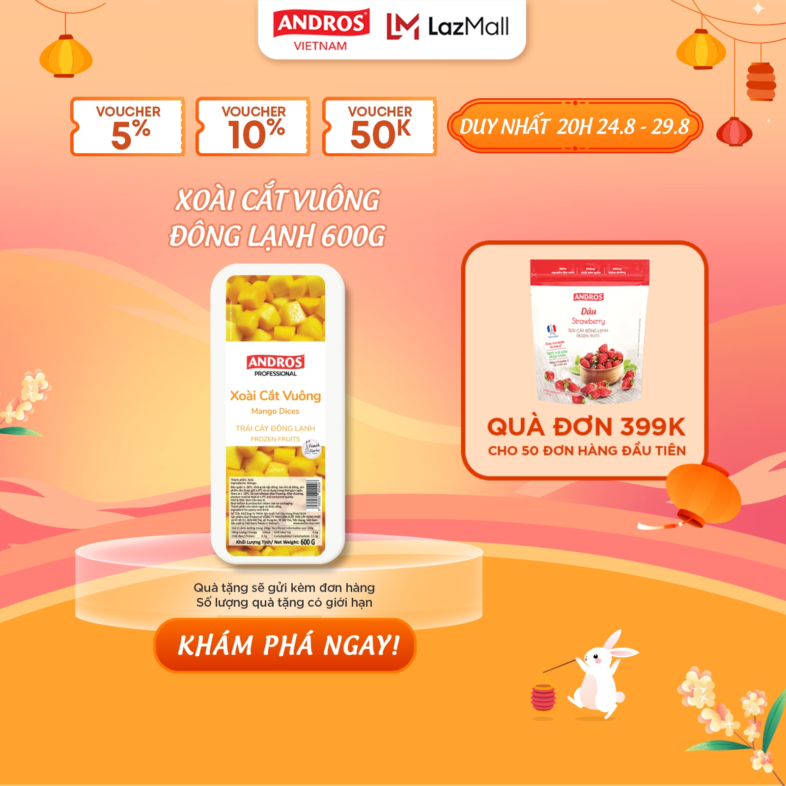 [Chỉ Giao Hỏa Tốc - HCM] Xoài Cắt Vuông Đông Lạnh - Không chất bảo quản - Trái cây đông lạnh ANDROS IQF - 600g