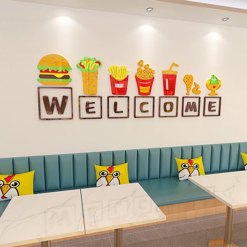 Tranh dán tường mica dán nổi Welcome đồ ăn trang trí quán ăn, cafe, trà sữa, ăn vặt