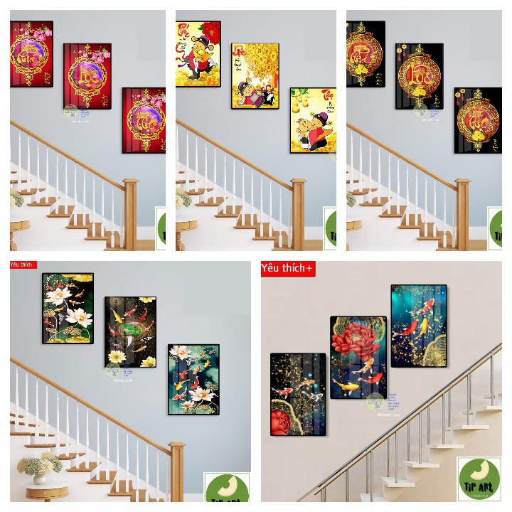 Tranh treo cầu thang Phúc Lộc Thọ, tranh treo cầu thang tráng gương - tranh treo cầu thang đẹp, tranh cầu thang