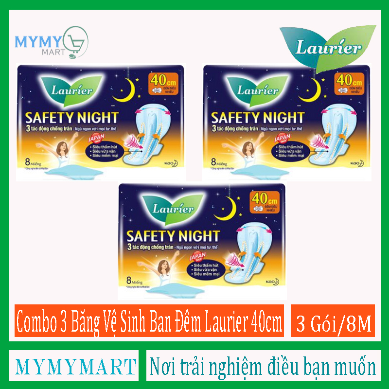 [HCM]Băng Vệ Sinh Ban Đêm Laurier Safety Night chống tràn [40cm-8M] (Combo3)