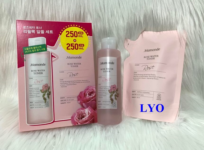 Set Nước hoa hồng Rose Water Toner mamonde gồm túi 250ml và chai 250ml