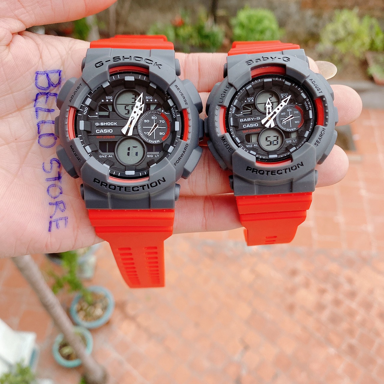 Đồng hồ thể thao G-Shock GA140 Và Baby-G BA140 Màu Đỏ Mặt Xám Kim số tự động,GShock BabyG Chống nước 200m,dây cao su