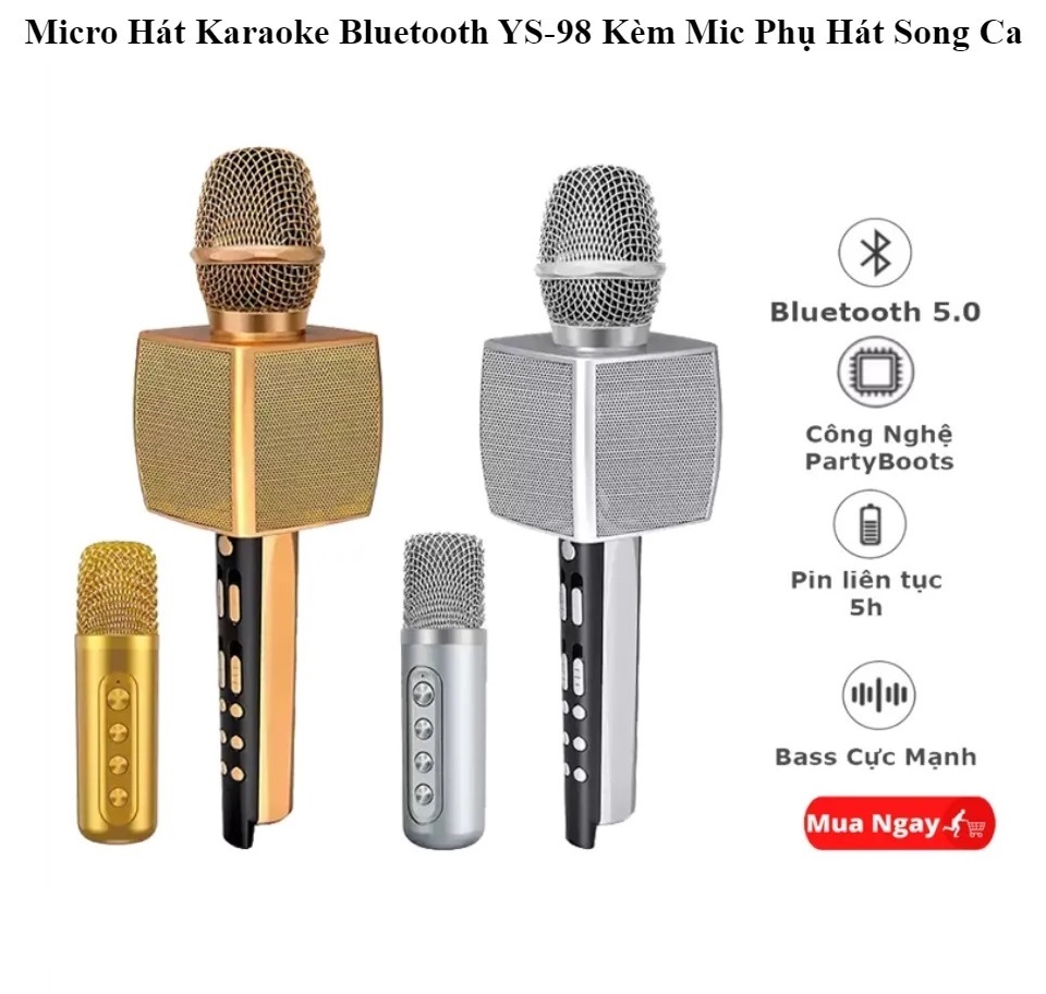 Micro karaoke bluetooth grss ys-98 chống hú tặng kèm 1 mic hát song ca chất lượng âm thanh đỉnh cao – hàng chính hãng