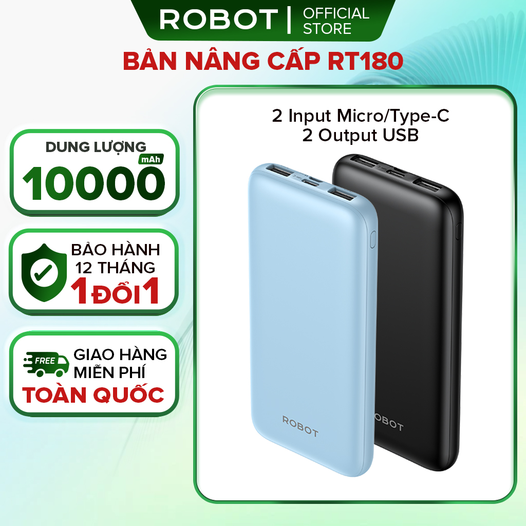 Pin dự phòng Robot RT180 dung lượng cao 10000mah cục sạc nhỏ gọn siêu mỏng siêu nhẹ 2 cổng sạc vào 1 cổng sạc ra chất lượng