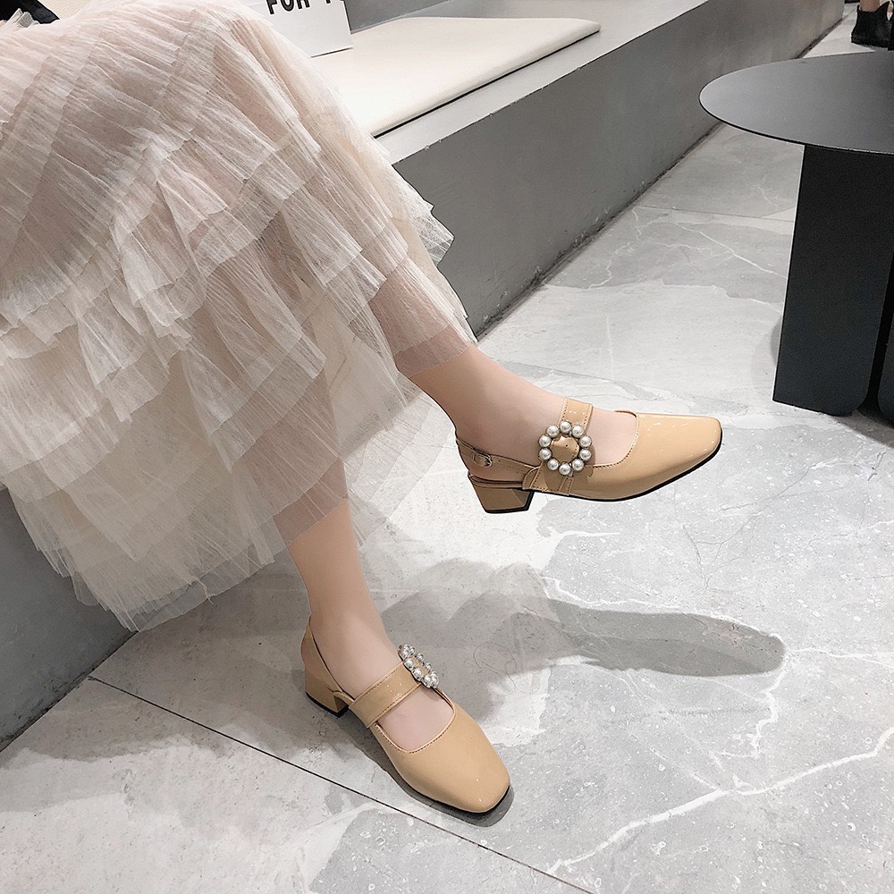 Giày sandal nữ bít mũi hở gót khóa ngọc cao cấp, giày nữ gót 4 phân sang chảnh