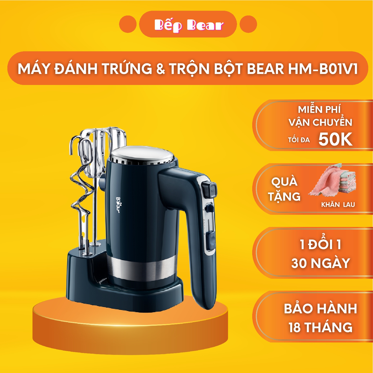 Máy đánh trứng cầm tay mini, đánh trứng trộn bột bear hm-b01v1, đánh kem trứng, trộn bột đa năng, bản quốc tế bảo hành 18 tháng