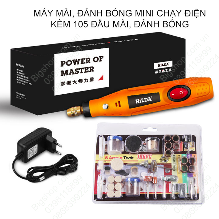 Máy mài, đánh bóng mini cầm tay chạy điện 220V/12VDC hoặc phụ kiện 105 chi tiết tùy chọn