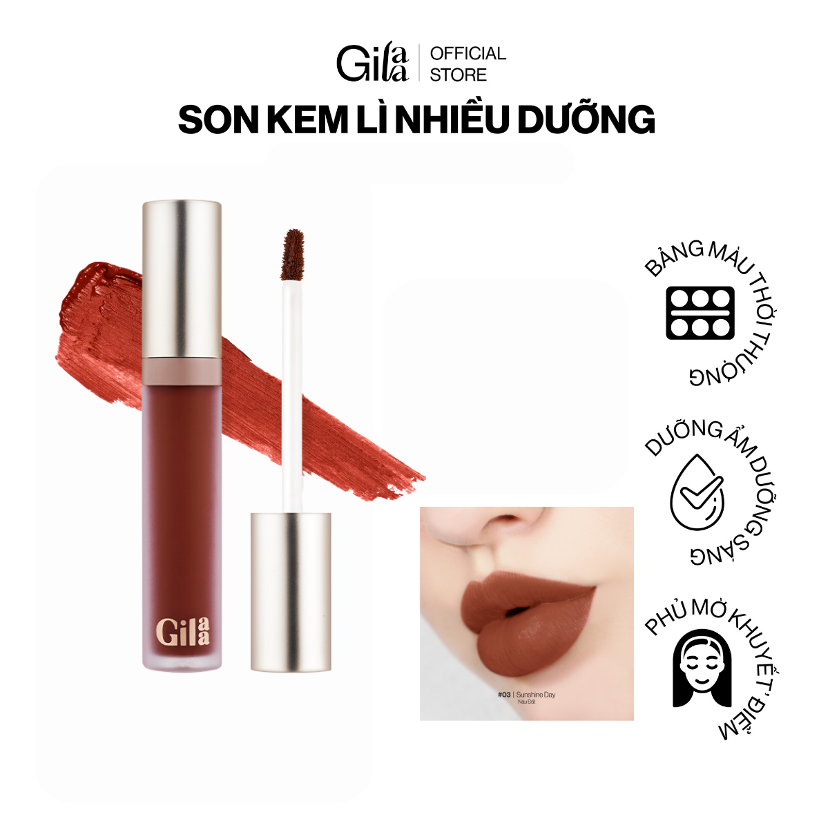 Son kem lì thế hệ mới Gilaa Long Wear Lip Cream Full Size (5g) 03 - Sunshine Day - Nâu Đất