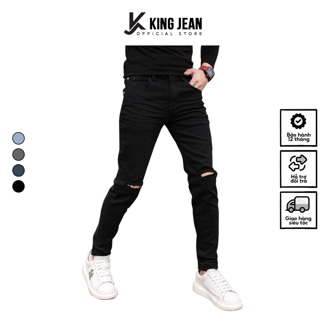 Quần jean nam rách gối màu đen co dãn 4 chiều thương hiệu KJ