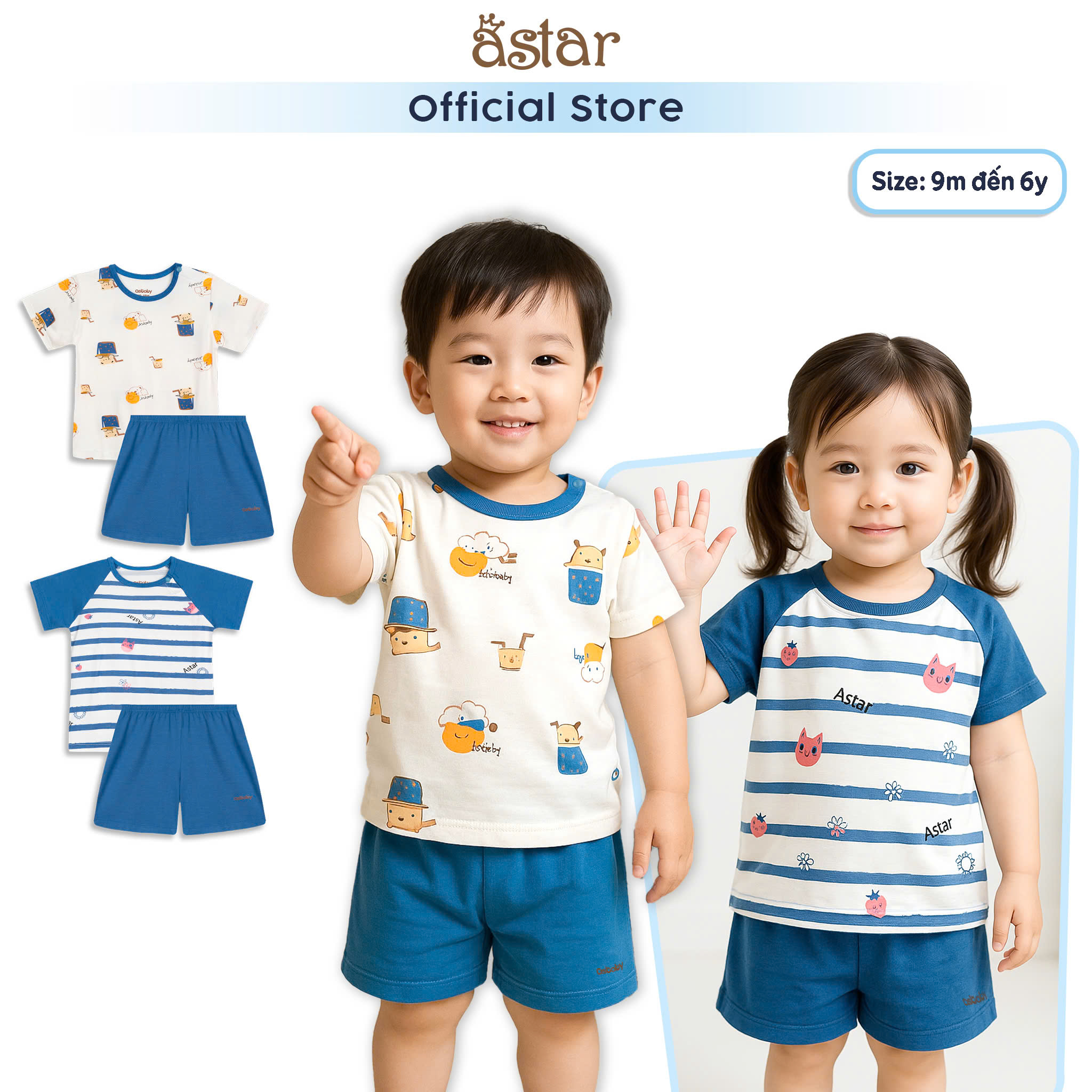 Bộ cộc tay Bloozy thương hiệu Asbaby cho bé trai, bé gái từ 9 tháng - 6 tuổi