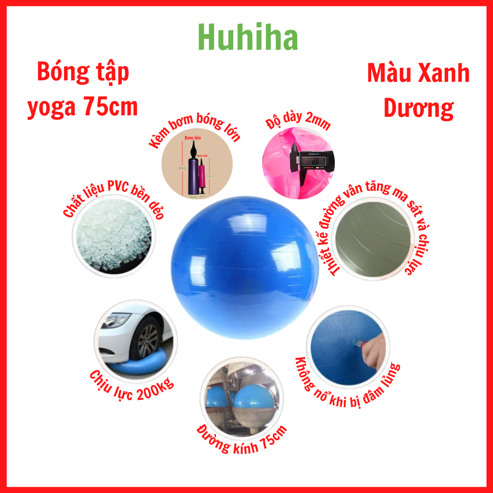 Bóng 75cm tập yoga tập gym chất liệu pvc bền chịu lực 200kg tặng kèm bơm bóng yoga dung tích 400cm3 - màu xanh dương