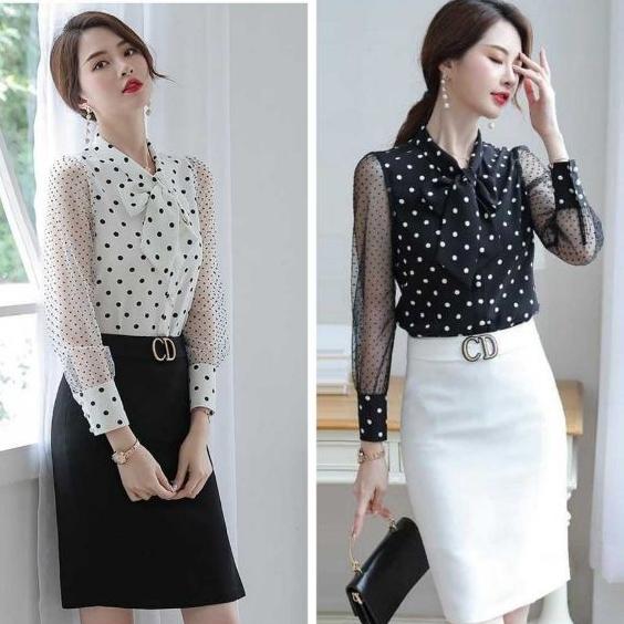 [HCM]ÁO SƠ MI CÔNG SỞ NỮ CHẤM BI TAY PHỐI LƯỚI CAO CẤP
